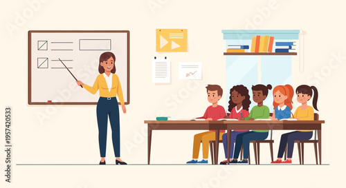 Teacher instructing diverse students in a classroom, pointing at a whiteboard with checklist