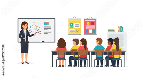 Teacher instructing diverse students in a classroom with a whiteboard presentation
