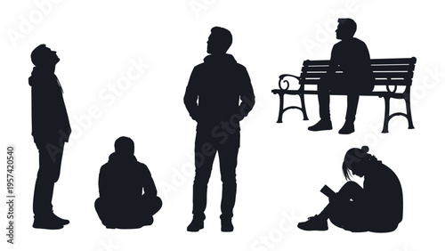 Silhouettes collection showing contemplative relaxed seated standing reading poses for mood and editorial design