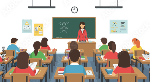 Teacher instructing students in a bright, modern classroom with desks and a blackboard