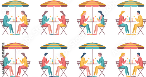 People enjoying meals at outdoor cafes under colorful striped umbrellas in a lively street dining vector illustration