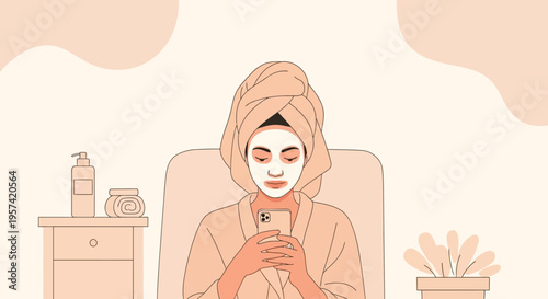 Woman with face mask and towel on head using smartphone, relaxing at home spa