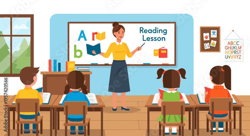 Teacher leading reading lesson in classroom with diverse students at desks, learning alphabet