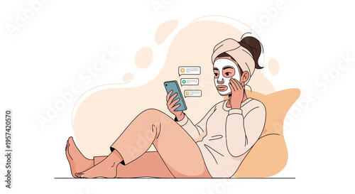 Woman with face mask relaxing on beanbag, checking phone notifications, self-care routine