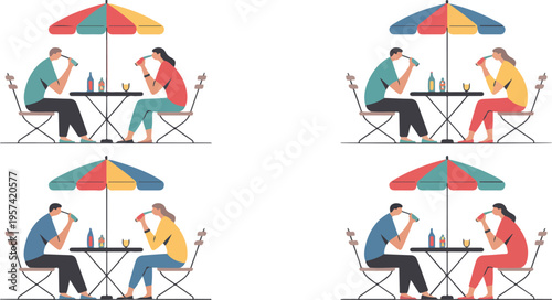 People enjoying meals at outdoor cafes under colorful striped umbrellas in a lively street dining vector illustration