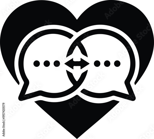 Chat Bubbles in Heart Communication Icon Symbol,
Black and white icon of two chat bubbles inside a heart with arrows, representing communication, connection, messaging, and relationships online.