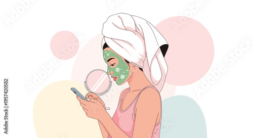 Woman with face mask and towel on head using smartphone, self-care and beauty routine