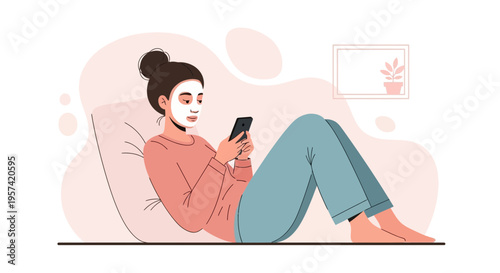 Woman with face mask relaxing on sofa using smartphone, self-care routine at home