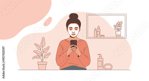Woman with face mask using smartphone at home, self-care routine, beauty and wellness
