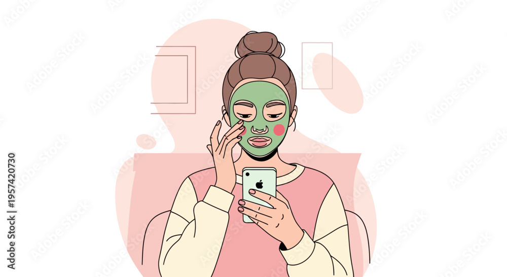 Fototapeta premium Young woman applying face mask while using smartphone, self-care routine, digital detox concept