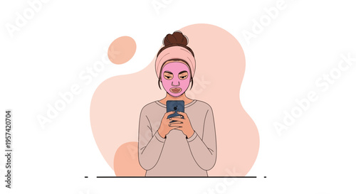 Woman with Face Mask Using Smartphone, Skincare Routine, Self-Care, Digital Detox Concept