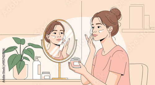 Young woman applying face cream in front of a mirror, skincare routine, self-care, beauty