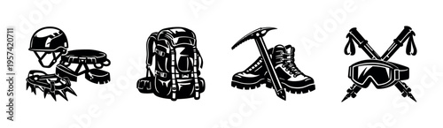 Black and white mountaineering gear silhouette vector illustrations including helmet backpack and boots
