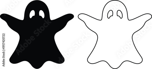 vector illustration features a simple Halloween ghost character in both a solid black silhouette and an outline style, perfect for spooky holiday and creepy horror designs.