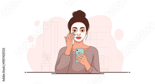 Young woman applying facial mask while holding smartphone, skincare routine, self-care, beauty, home spa