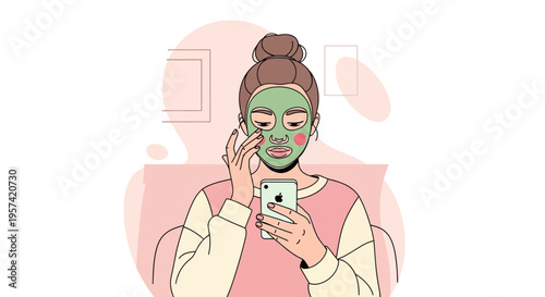 Young woman applying face mask while using smartphone, self-care routine, digital detox concept