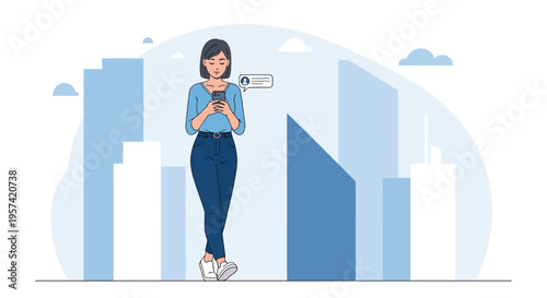 Young woman using smartphone in modern city, notification bubble above head