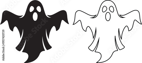 vector illustration features a spooky Halloween ghost character in both a solid black silhouette and a simple outline style, perfect for haunting, scary, or horror-themed designs.