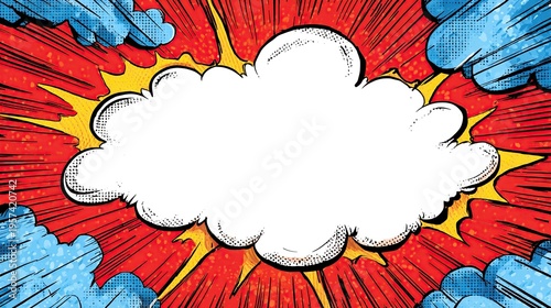Bold comic speech bubble frame with dynamic explosion background