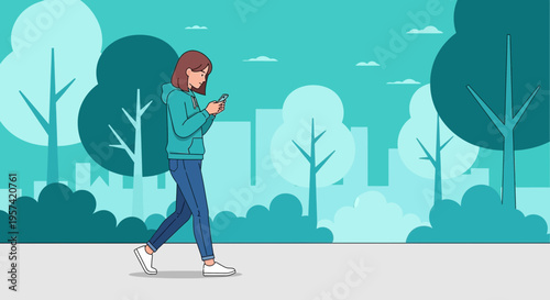 Young woman walking in park with smartphone, city skyline background, casual style