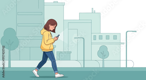 Young woman walking in city street, looking at smartphone, urban lifestyle