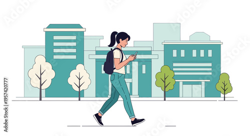 Young woman walking and texting on phone in front of modern buildings and trees