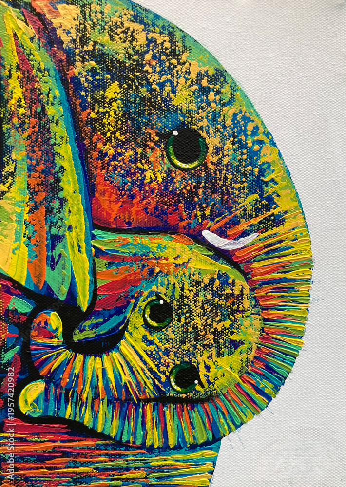 Obraz premium Close up elephant mother and baby abstract art painting with colorful texture detail