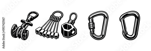 Rock climbing equipment vector illustration featuring cams carabiners and nuts in black and white silhouette style