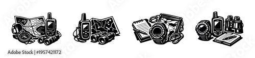 Black and white vector illustration of navigation tools including compass map binoculars device, ideal for adventure themes