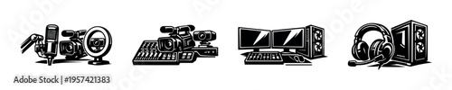 Black and white vector illustrations of audio and video equipment elements for creative studio design