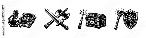 Black and white vector illustration of fantasy game elements featuring weapons magic items and icons