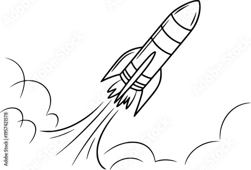 Black and white cartoon rocket ship launching with smoke trails and clouds a white background