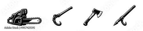 Black and white vector illustration of forestry tools including chainsaw axe and hook