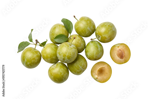 Greengage plums set against a white background


