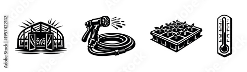 Black and white gardening tools and greenhouse vector illustration featuring hose and thermometer