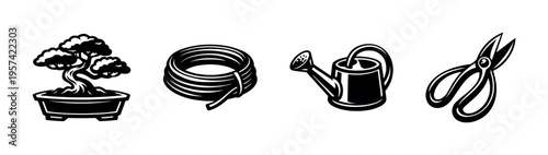 Black and white vector illustration of bonsai plant, coiled hose, watering can, and garden shears