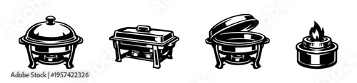 Vintage buffet equipment, chafing dishes and fuel in black and white silhouette style illustration