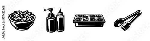 Black and white vector illustrations of kitchen items bowl bottles tray utensils