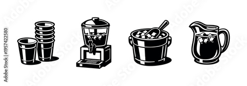 Black and white beverage elements illustration featuring cups dispenser ice bucket and pitcher