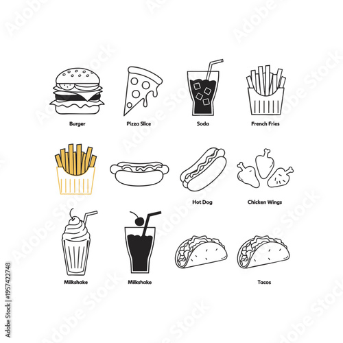 Food icons: burger, pizza slice, soda, french fries, hot dog, chicken wings, milkshake, tacos
