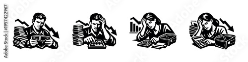 Business stress concept with accountant focus, black and white vector silhouette illustrations