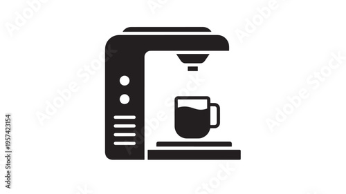 Coffee maker brewing a cup of hot beverage on a white background, minimalist icon. featuring espresso machine, kitchen appliance, appliance with