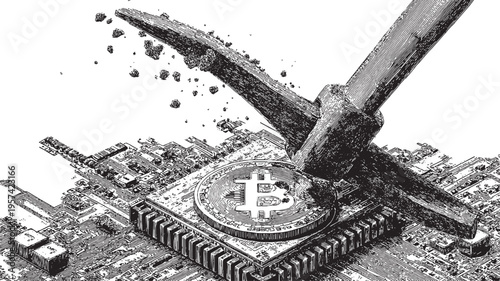A conceptual vector illustration of a modern pickaxe striking a digital microchip block to reveal a shiny coin inside.