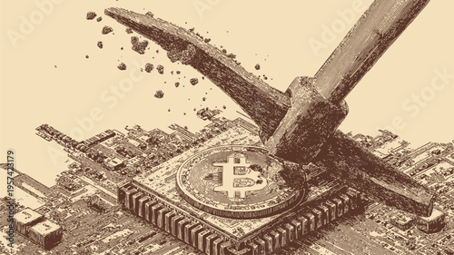 A conceptual vector illustration of a modern pickaxe striking a digital microchip block to reveal a shiny coin inside.