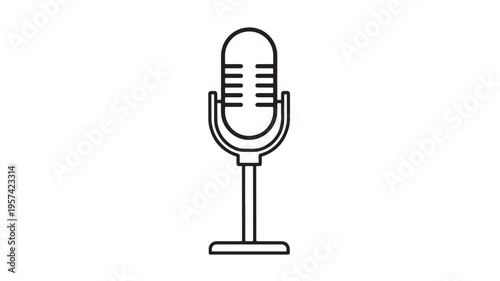 Microphone vintage icon with simple lines and a black outline on a white background featuring audio, sound, recording with podcast and broadcast