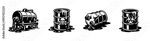 Black and white toxic waste barrel illustrations, vector silhouette elements