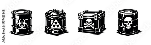 Set of four hazardous waste containers, vector illustration, black and white, toxic symbols, safety hazard elements