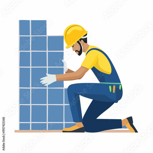 Vector Illustration of Professional Worker Installing Ceramic Tiles on Floor