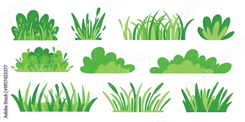 A collection of various green grass and shrub pixel art elements isolated on a white background