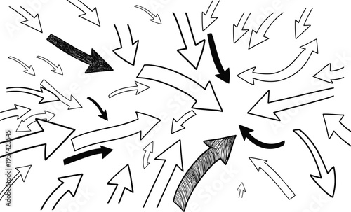A chaotic arrangement of arrows pointing in various directions